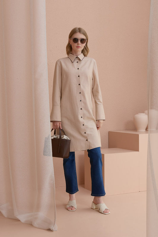 Biyeli Geniş Manşetli Gömlek Taş - Fatma Atasoy