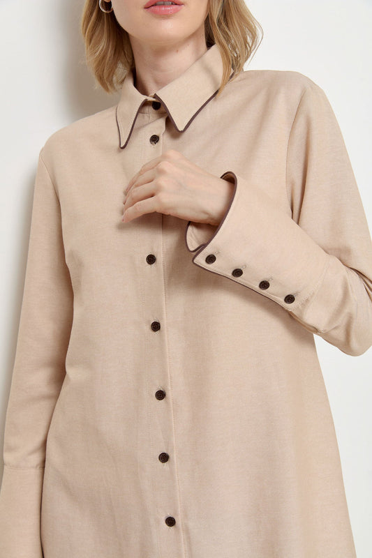 Biyeli Geniş Manşetli Gömlek Taş - Fatma Atasoy