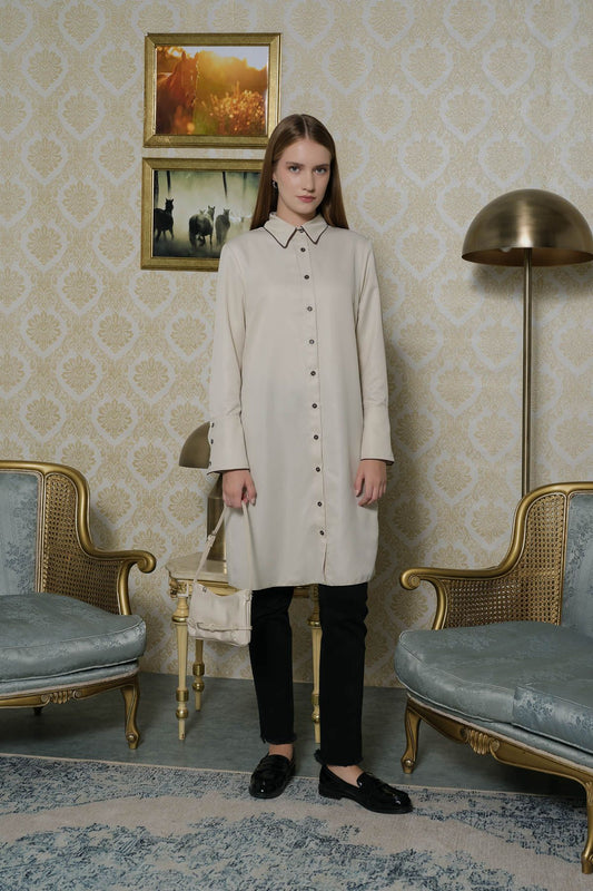 Biyeli Geniş Manşetli Taş Gömlek - Fatma Atasoy