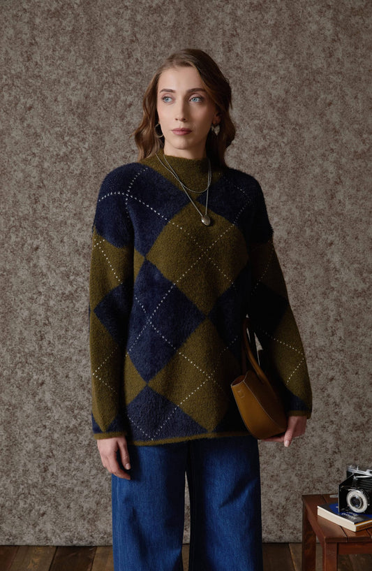 Büyük Baklava Desen Lacivert Yağ Yeşili Pufik Triko Kazak - Fatma Atasoy