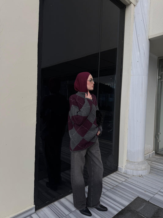 Büyük Baklava Desen Mürdüm Gri Pufik Triko Kazak - Fatma Atasoy