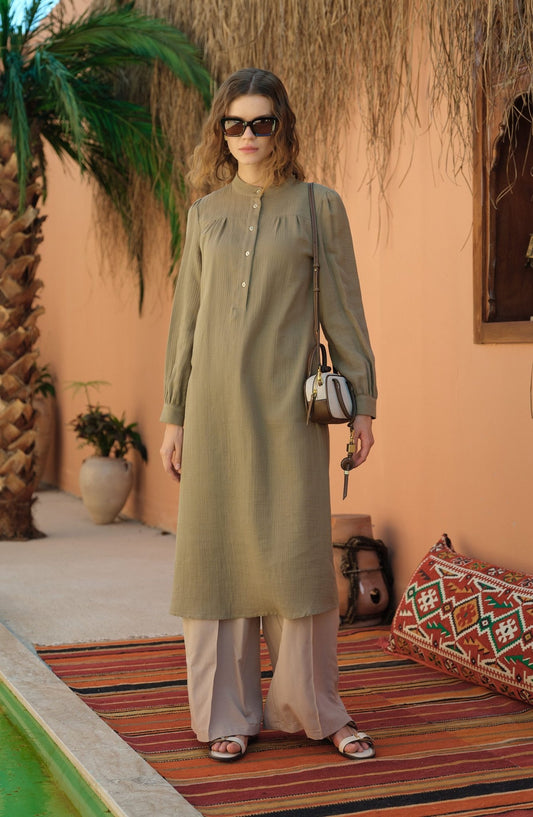 Büzgü Robalı Maksi Müslin Haki Tunik - Fatma Atasoy