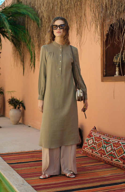 Büzgü Robalı Maksi Müslin Haki Tunik - Fatma Atasoy