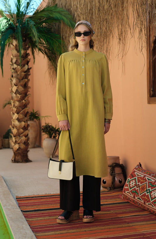 Büzgü Robalı Maksi Müslin Yağ Yeşili Tunik - Fatma Atasoy