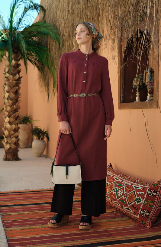 Büzgü Robalı Maksi Vişne Müslin Tunik - Fatma Atasoy