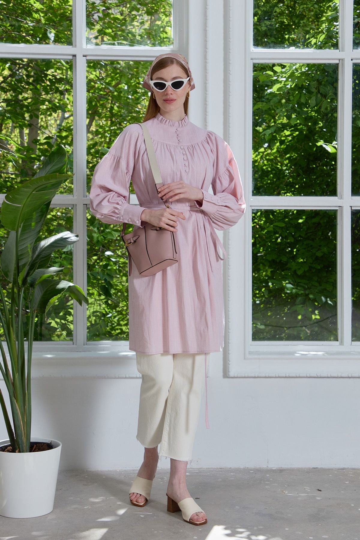 Büzgü Robalı Pamuk Gömlek Pudra - Fatma Atasoy