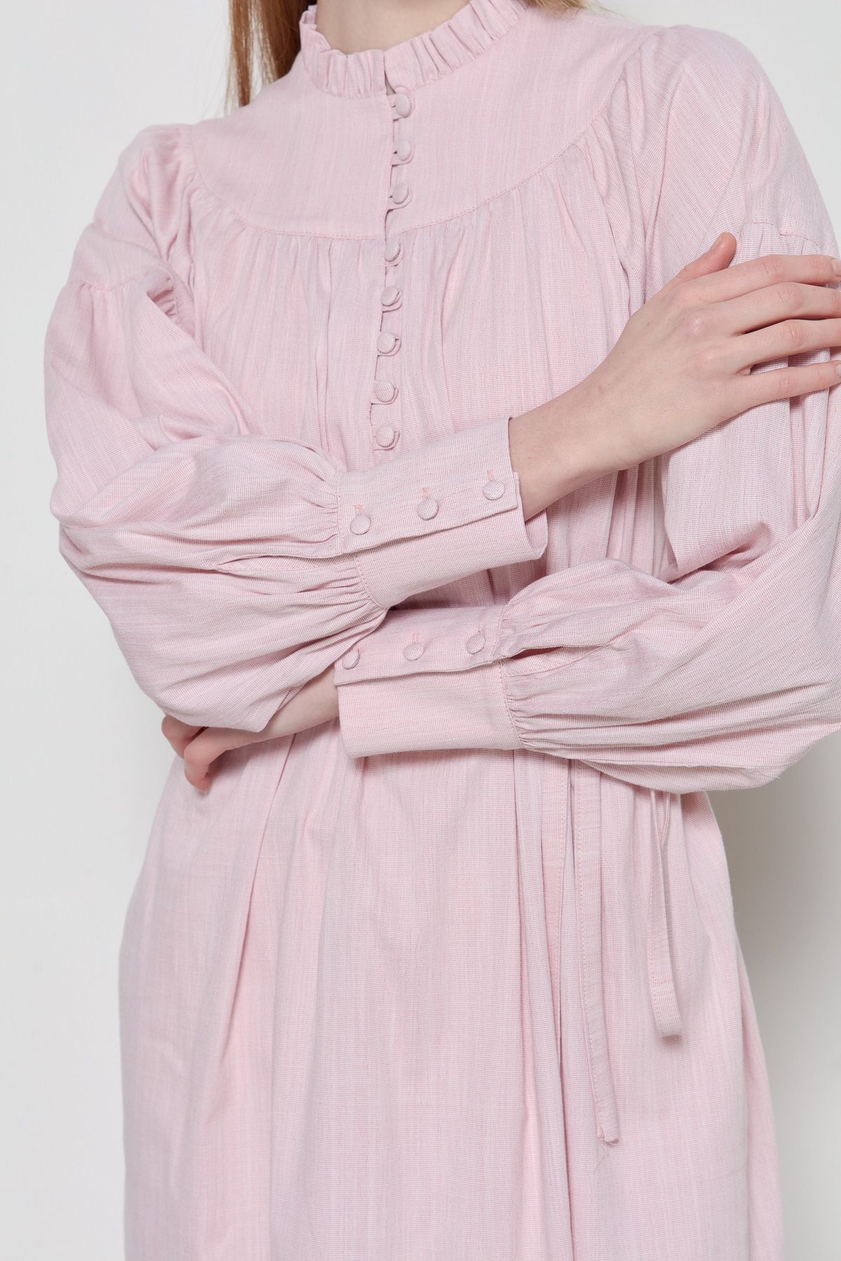 Büzgü Robalı Pamuk Gömlek Pudra - Fatma Atasoy