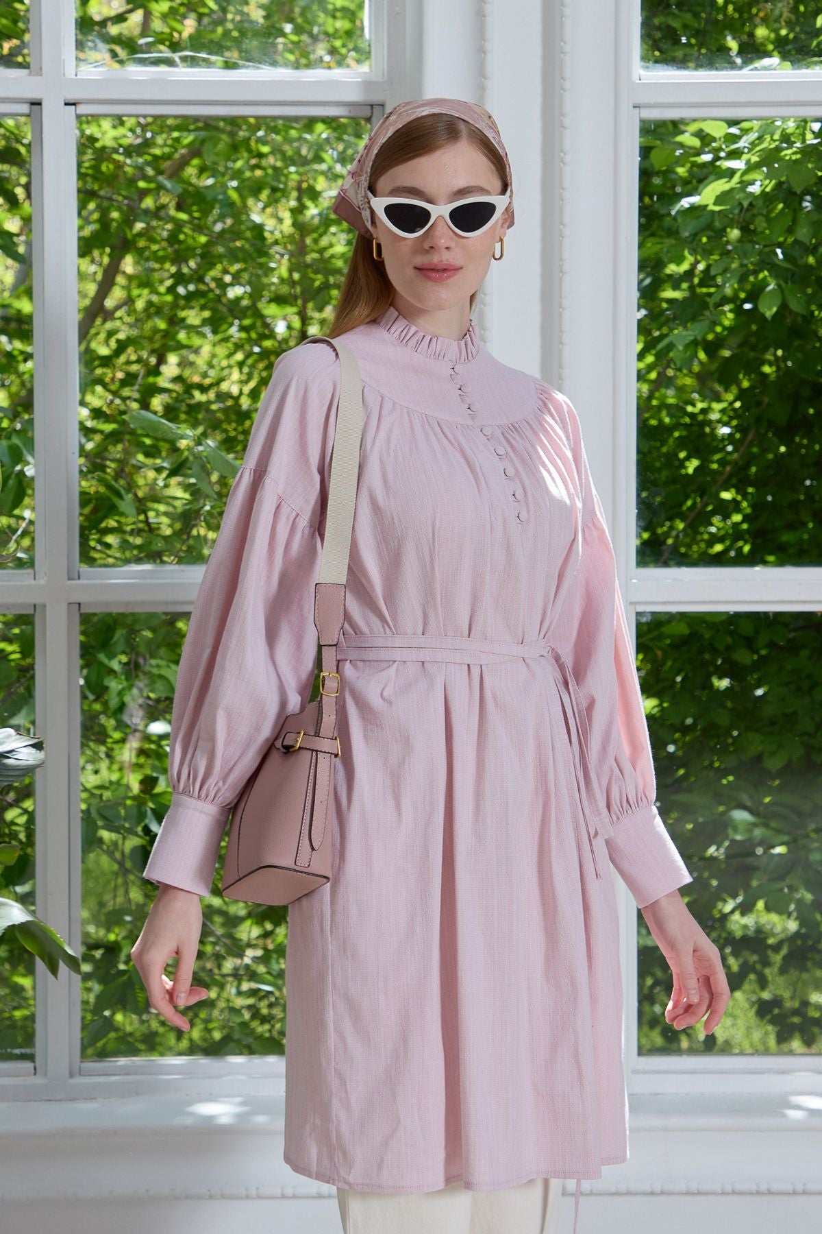 Büzgü Robalı Pamuk Gömlek Pudra - Fatma Atasoy