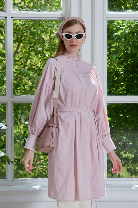 Büzgü Robalı Pamuk Gömlek Pudra - Fatma Atasoy