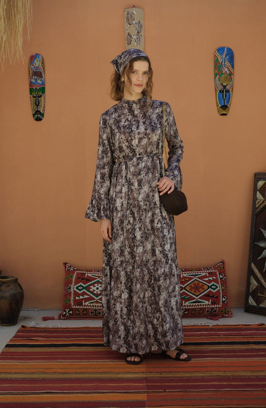 Büzgülü Acı Kahve Animal Desenli Viskon Elbise - Fatma Atasoy