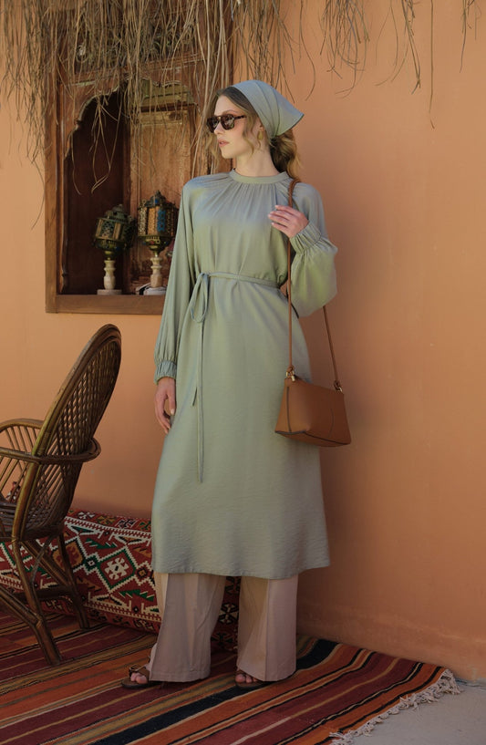 Büzgülü Bağlamalı Maksi Mint Tunik - Fatma Atasoy