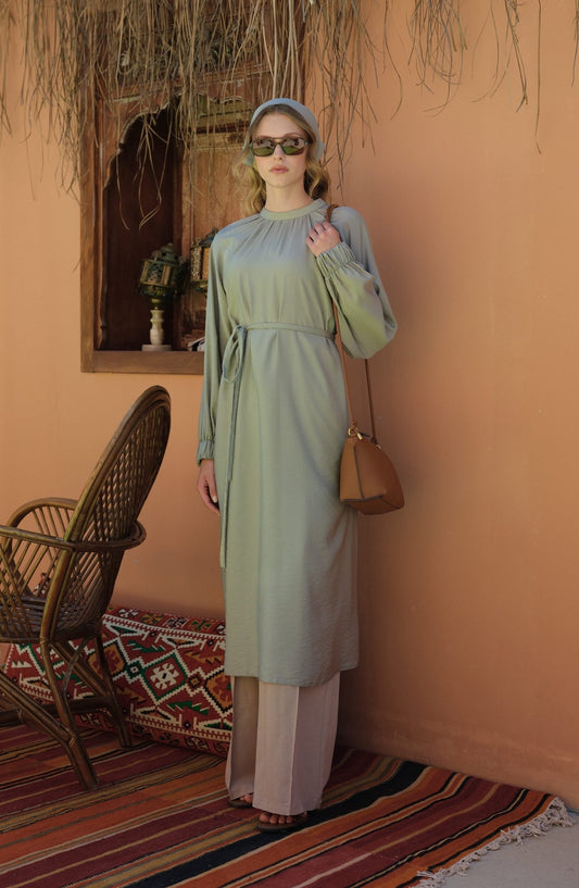 Büzgülü Bağlamalı Maksi Mint Tunik - Fatma Atasoy