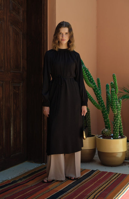 Büzgülü Bağlamalı Maksi Siyah Tunik - Fatma Atasoy