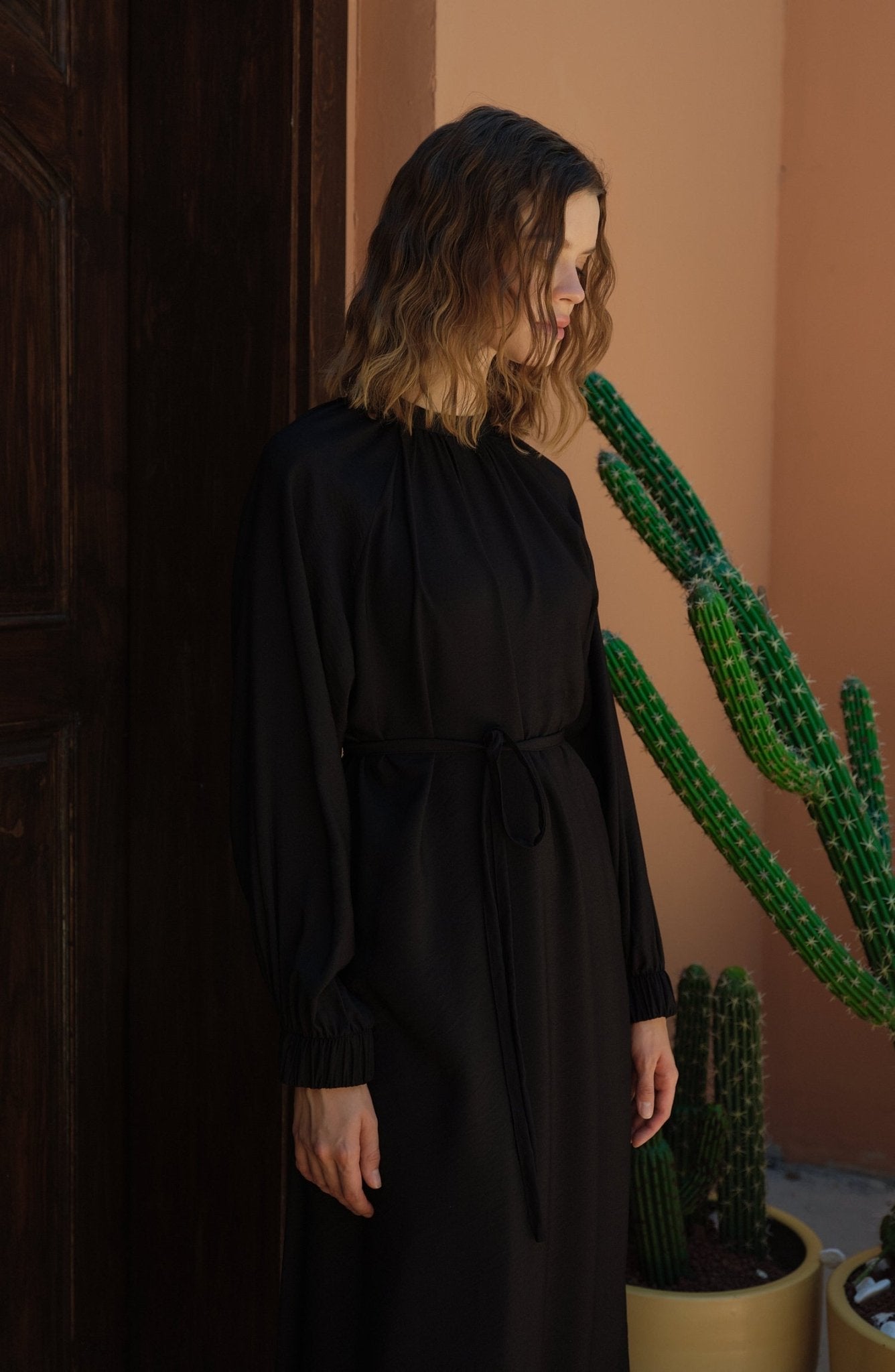 Büzgülü Bağlamalı Maksi Siyah Tunik - Fatma Atasoy