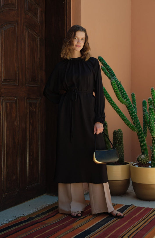 Büzgülü Bağlamalı Maksi Siyah Tunik - Fatma Atasoy