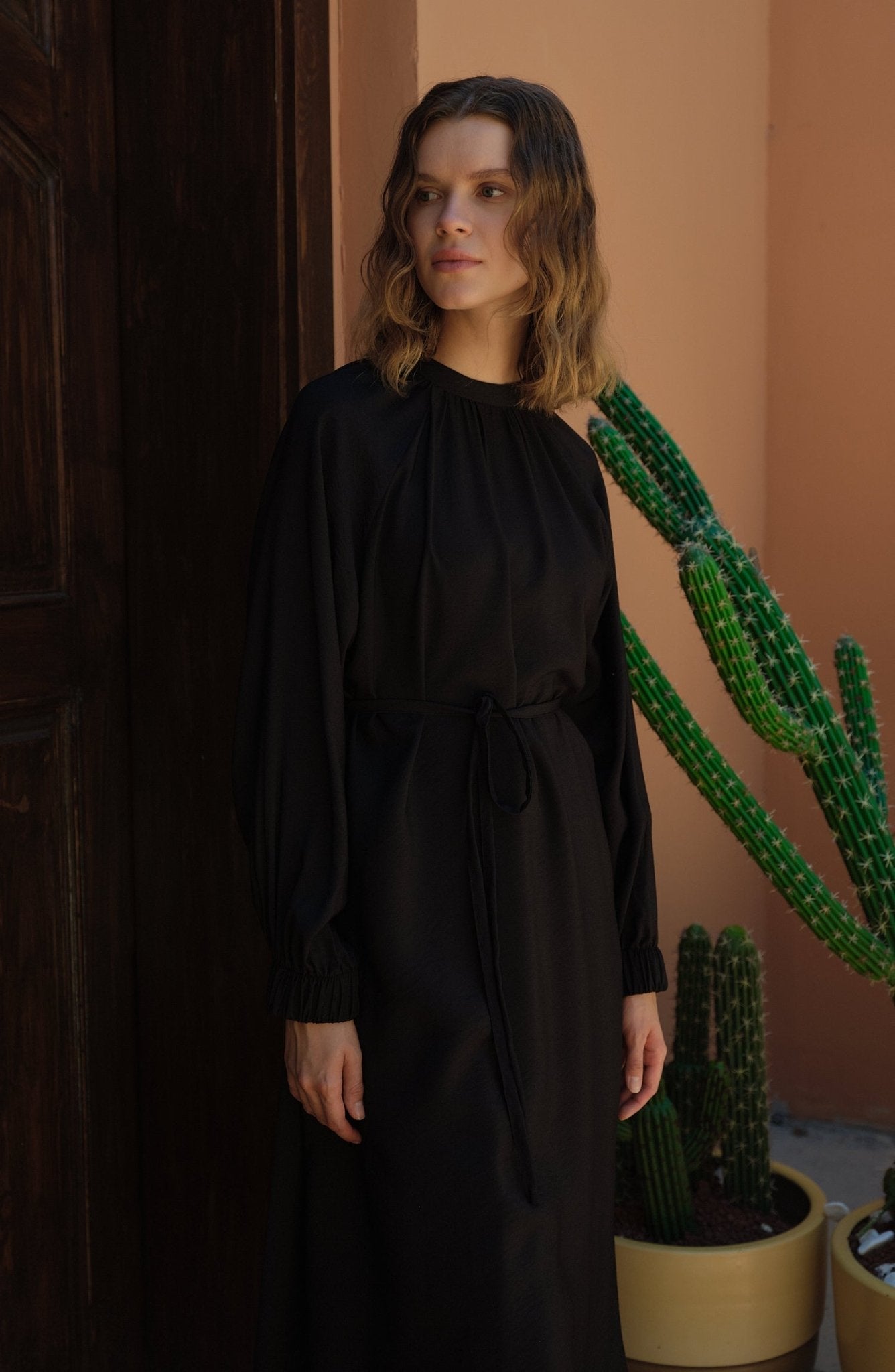 Büzgülü Bağlamalı Maksi Siyah Tunik - Fatma Atasoy