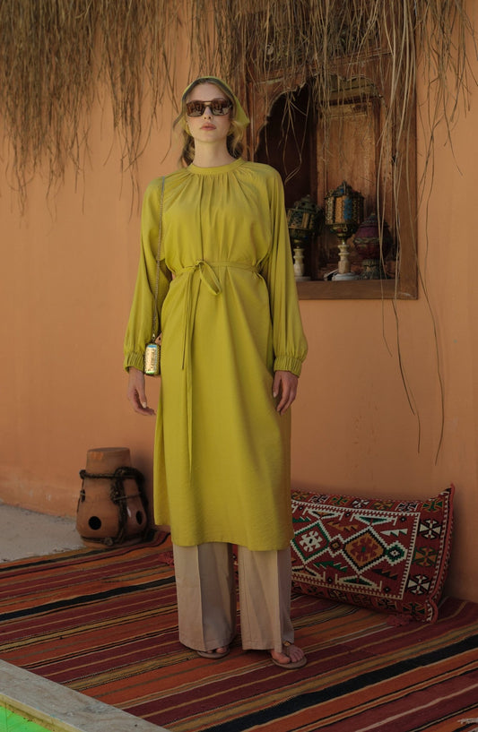 Büzgülü Bağlamalı Maksi Yağ Yeşili Tunik - Fatma Atasoy