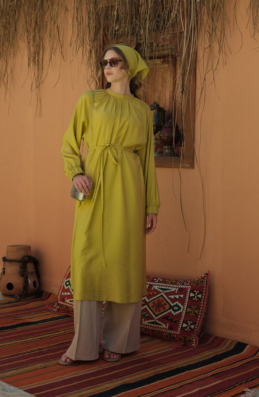 Büzgülü Bağlamalı Maksi Yağ Yeşili Tunik - Fatma Atasoy