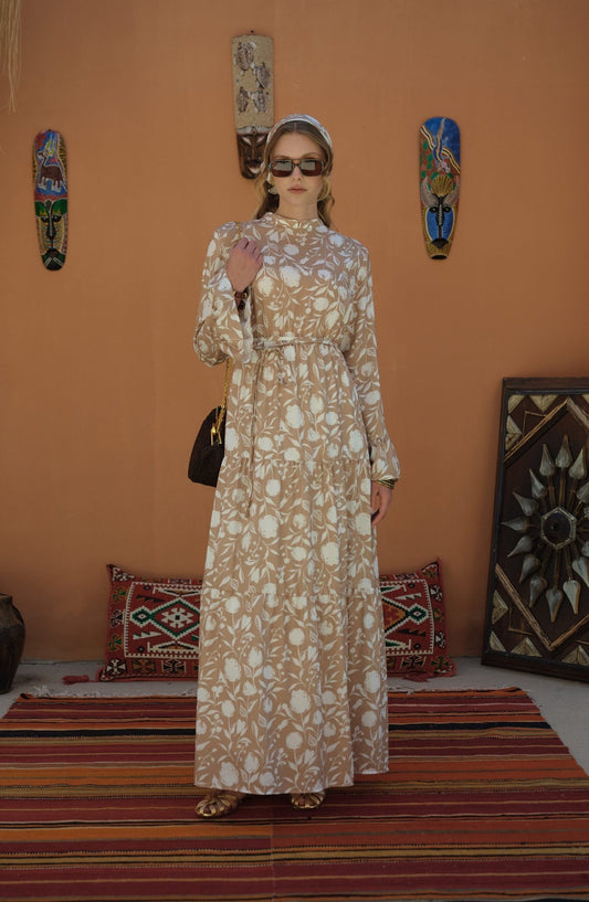 Büzgülü Floral Sütlü Kahve Desenli Viskon Elbise - Fatma Atasoy