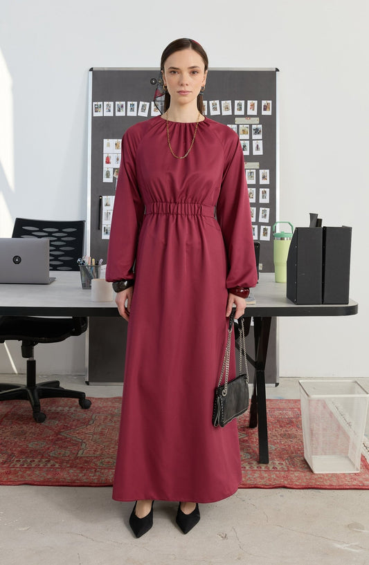 Büzgülü Kemerli Bordo Elbise - Fatma Atasoy