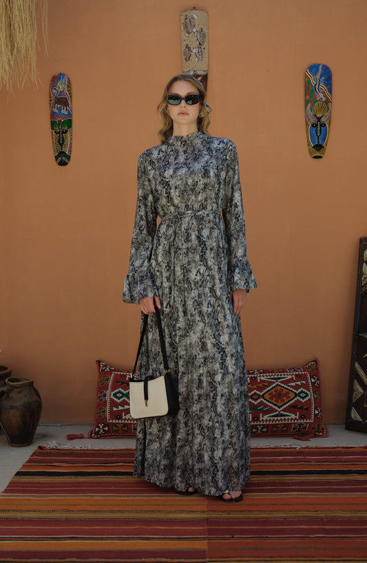 Büzgülü Siyah Animal Desenli Viskon Elbise - Fatma Atasoy