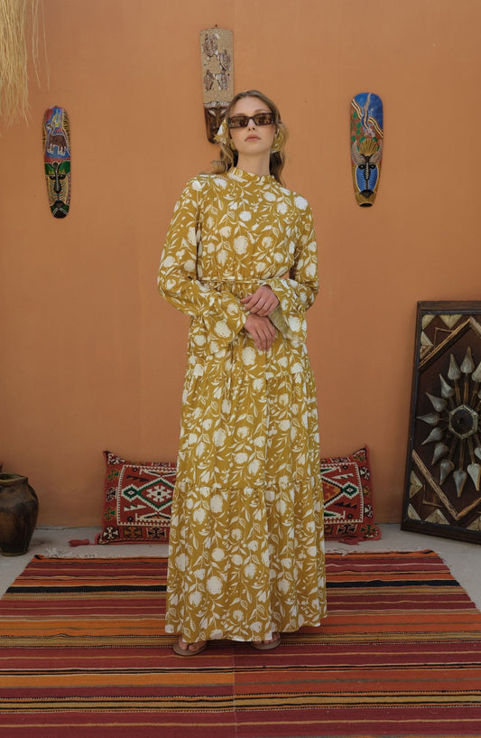 Büzgülü Yağ Yeşili Floral Desenli Viskon Elbise - Fatma Atasoy