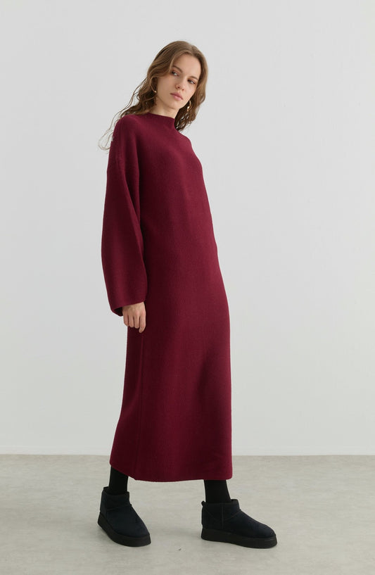 Çelik Örme Pufik Bordo Triko Elbise - Fatma Atasoy