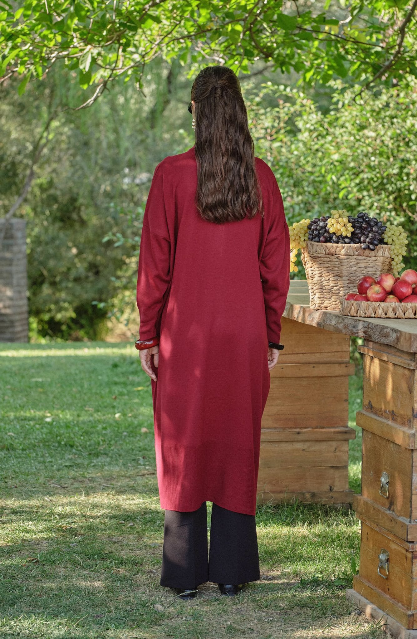 Cepli Maksi Bordo İnce Triko Hırka - Fatma Atasoy