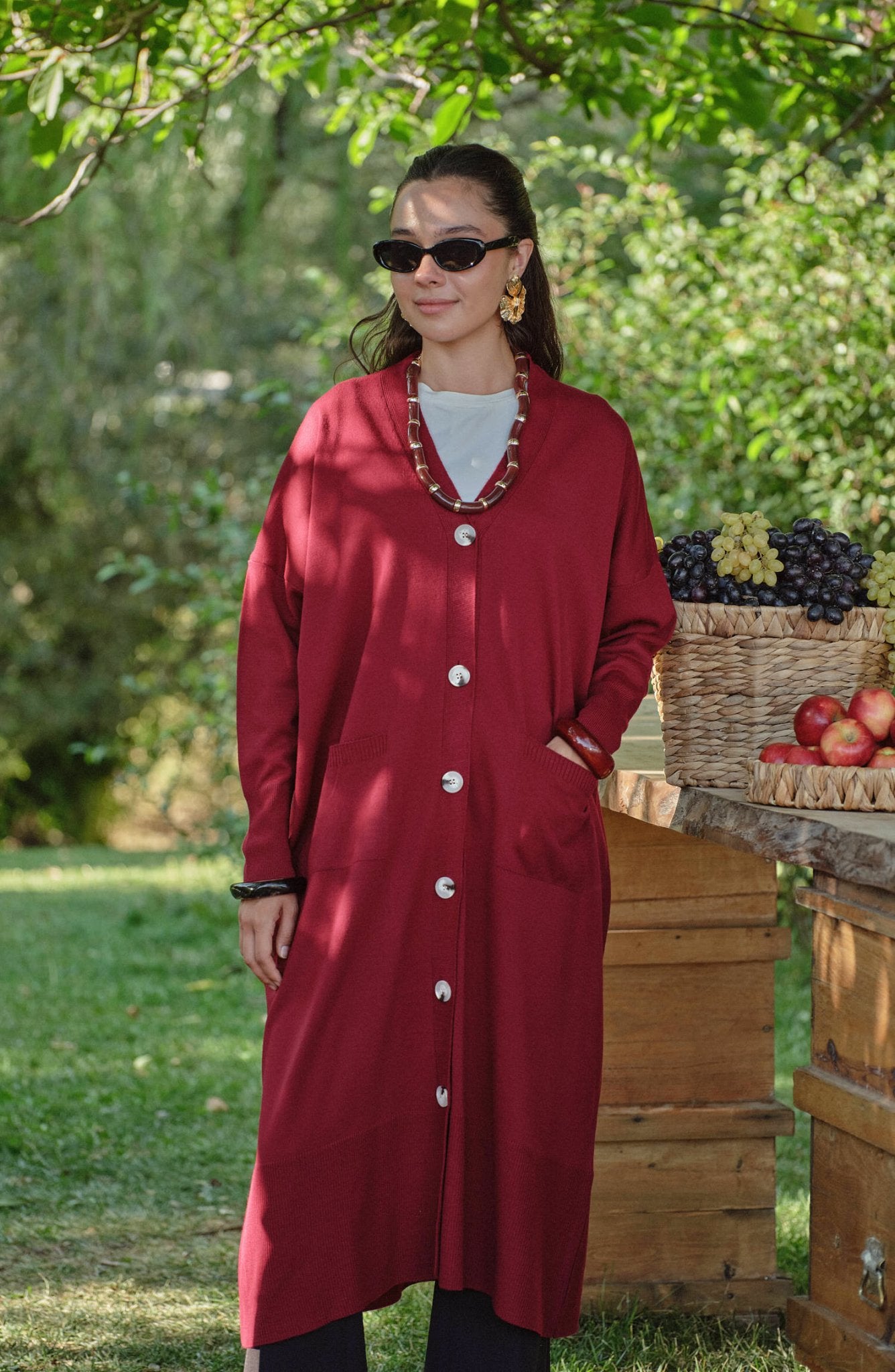 Cepli Maksi Bordo İnce Triko Hırka - Fatma Atasoy