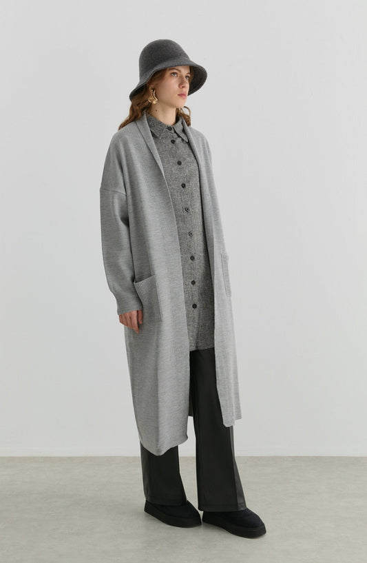 Cepli Maksi Gri Triko Hırka - Fatma Atasoy