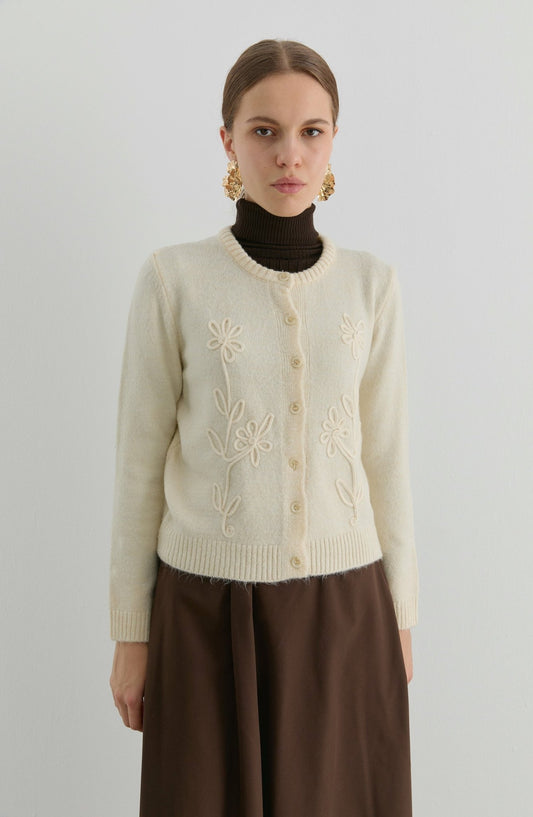 Çiçek Nakışlı Taş Kısa Triko Hırka - Fatma Atasoy