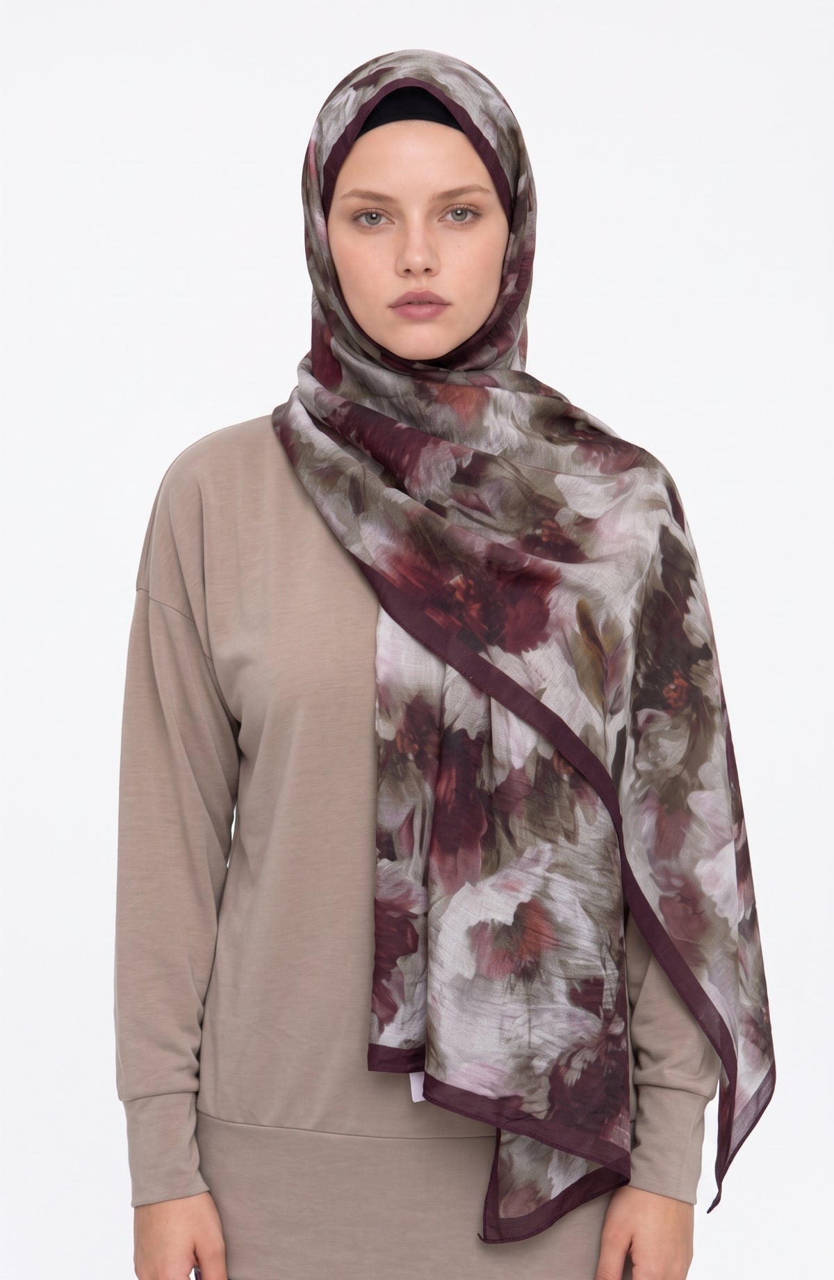 Flora Mist Desenli Mürdüm Şal