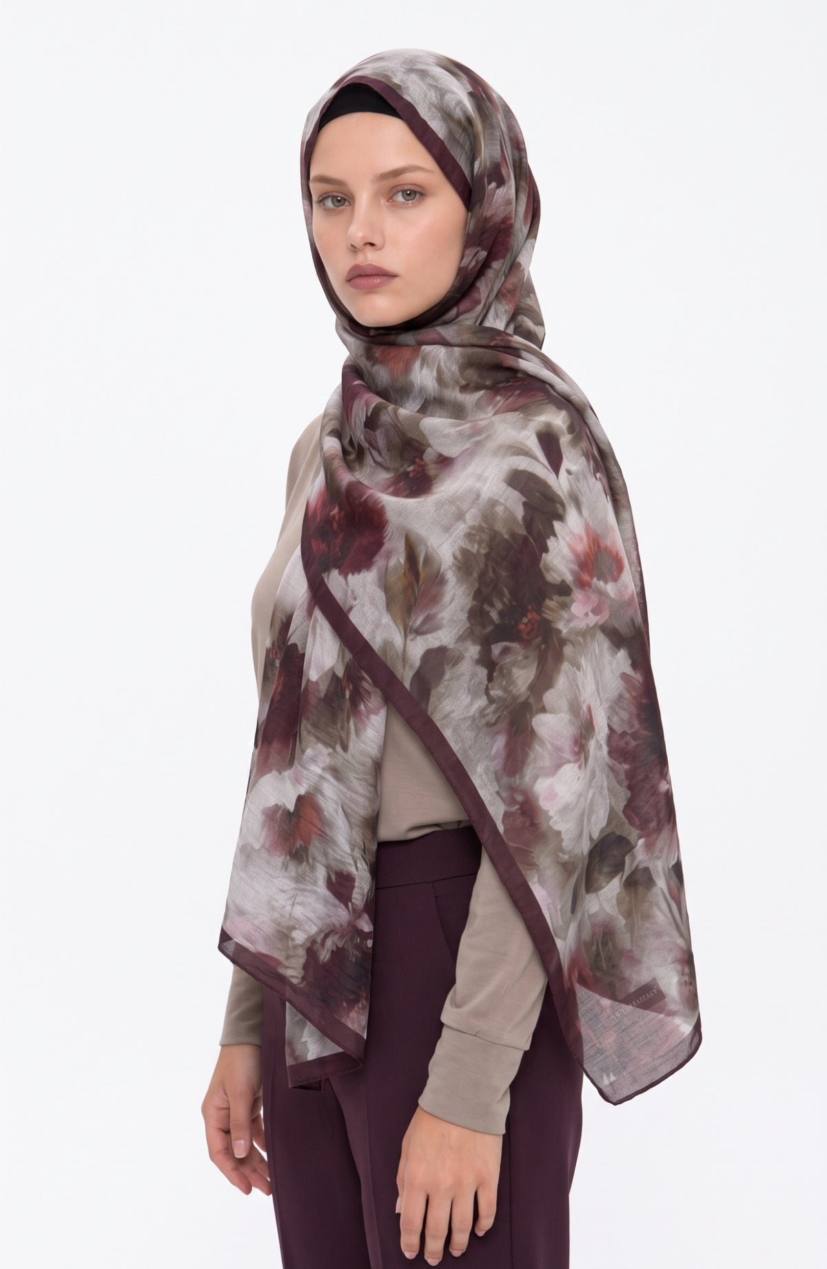 Flora Mist Desenli Mürdüm Şal