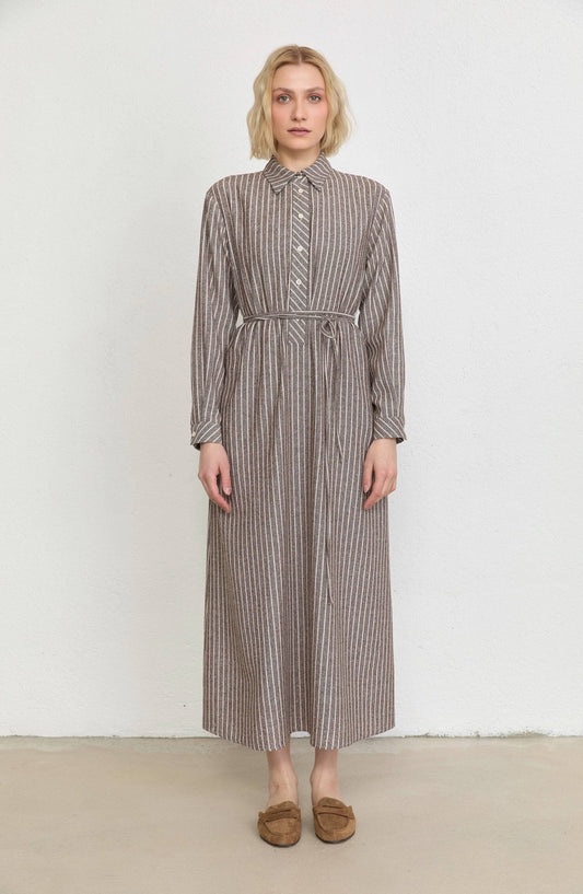 Çizgili Acı Kahve Keten Gömlek Elbise - Fatma Atasoy