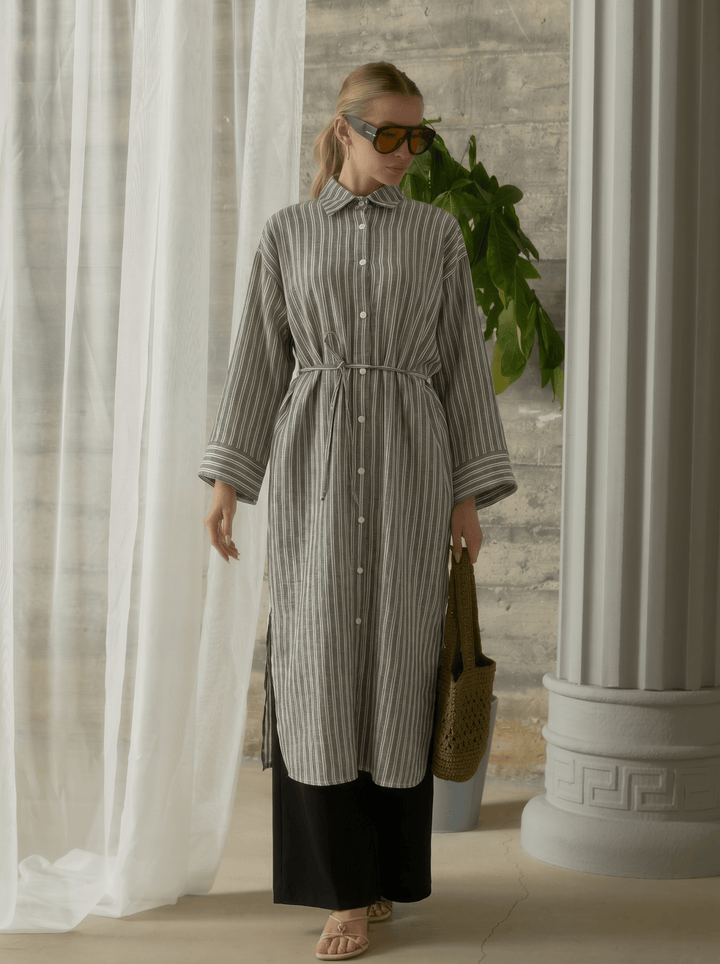 Çizgili Geniş Kollu Siyah Pamuk Viskon Maksi Tunik - Fatma Atasoy