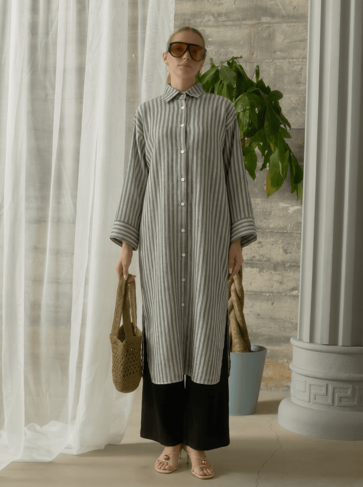 Çizgili Geniş Kollu Siyah Pamuk Viskon Maksi Tunik - Fatma Atasoy