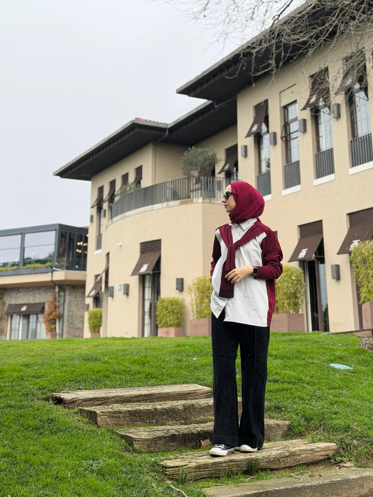 Çizgili Gömlek Görünümlü Bordo Triko Kazak - Fatma Atasoy