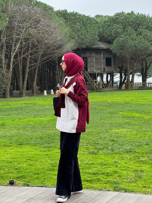 Çizgili Gömlek Görünümlü Bordo Triko Kazak - Fatma Atasoy