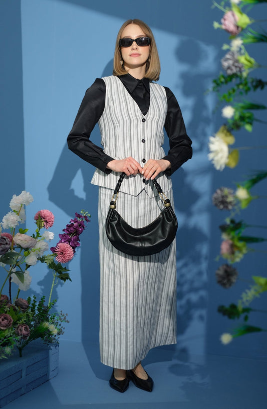 Çizgili Gri Yelek Etek Takım - Fatma Atasoy