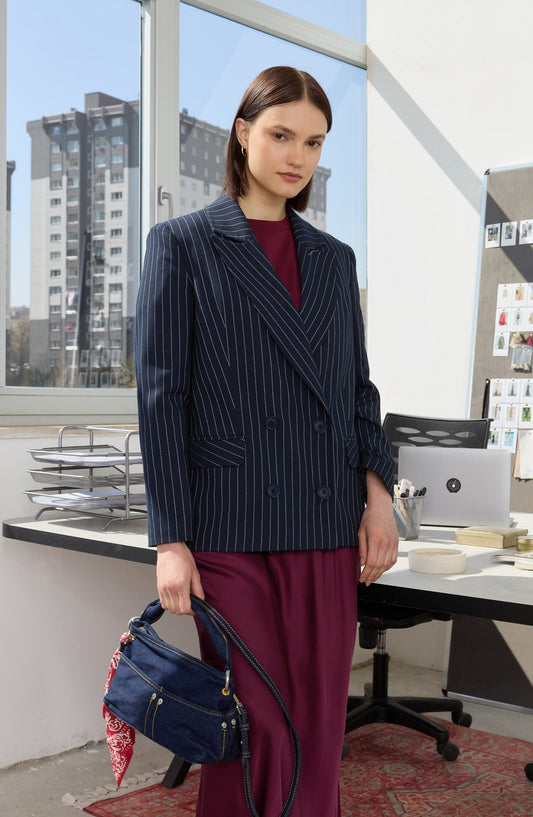 Çizgili Lacivert Midi Dad Ceket - Fatma Atasoy