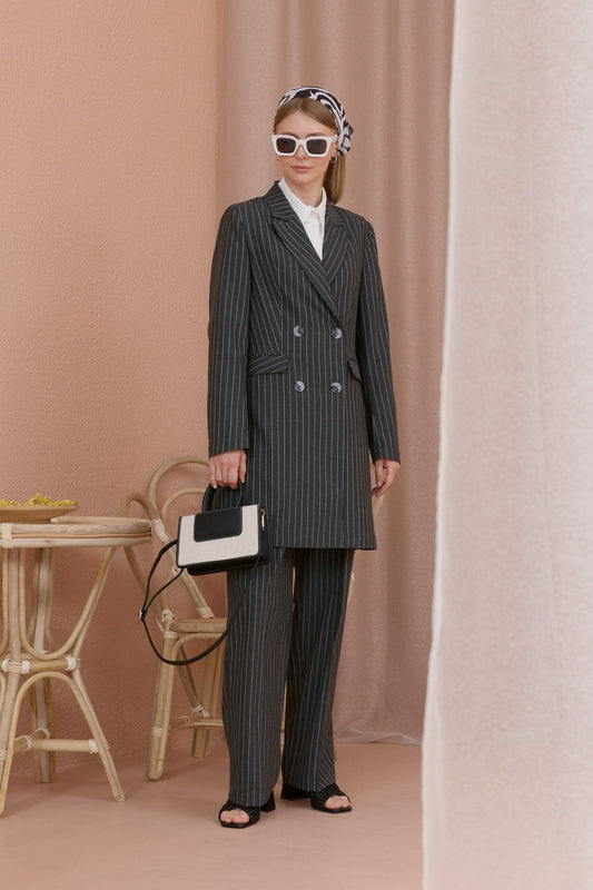 Çizgili Pamuk Palazzo Antrasit Ceket - Fatma Atasoy