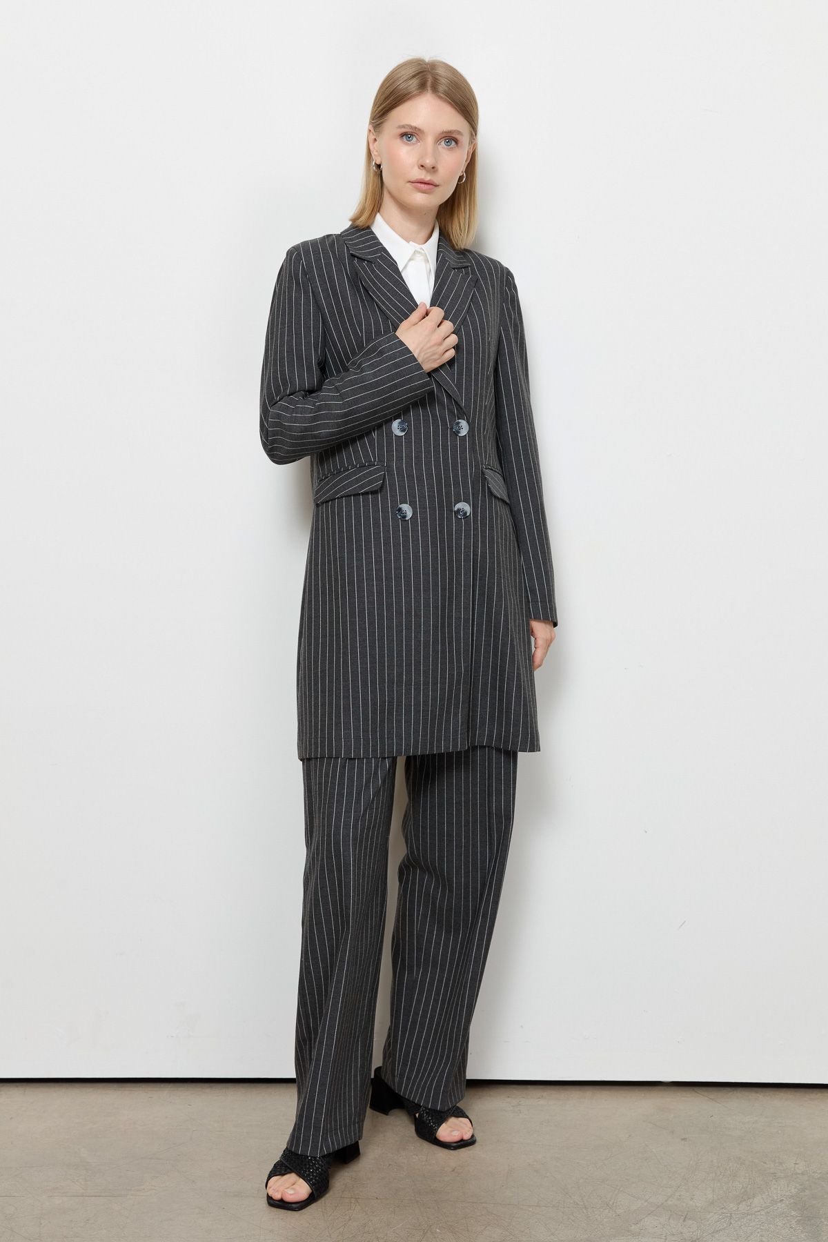 Çizgili Pamuk Palazzo Antrasit Ceket - Fatma Atasoy