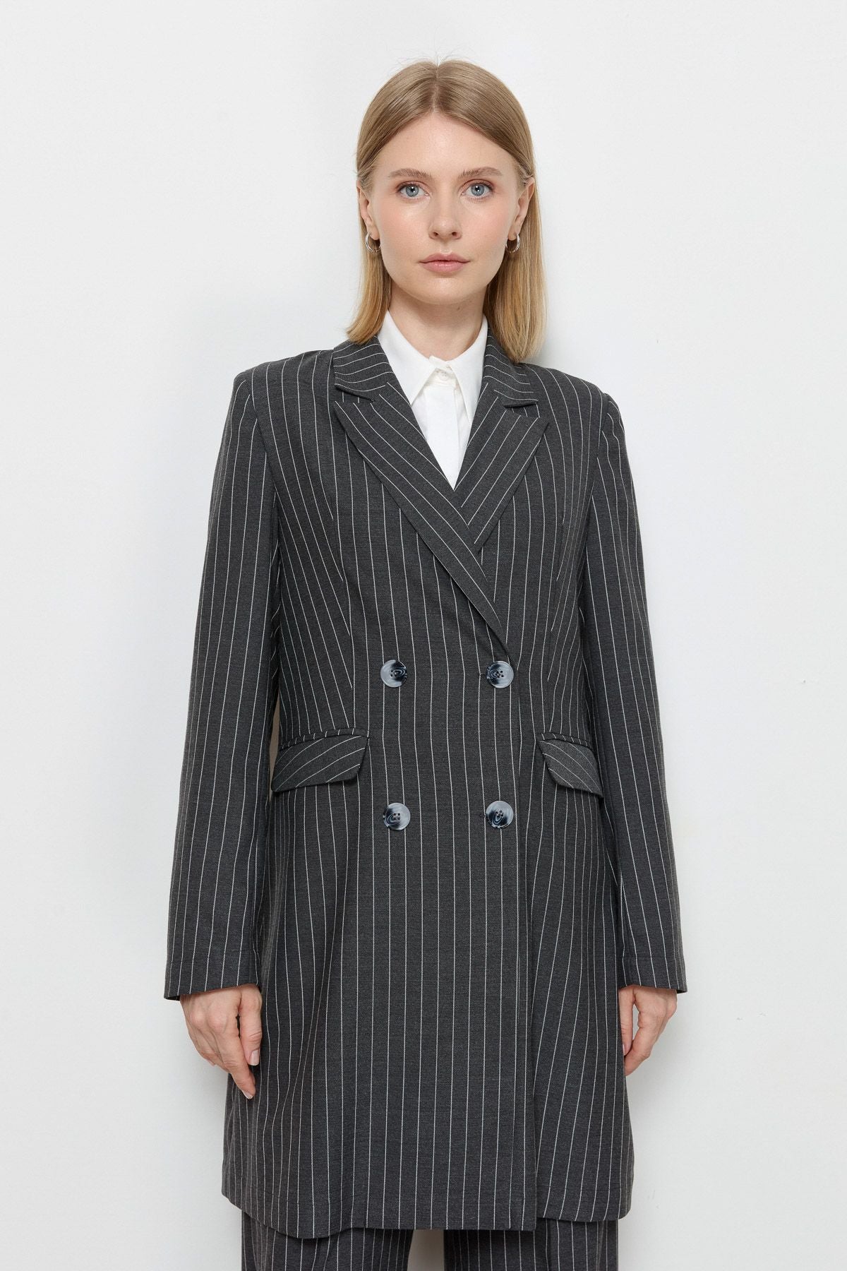 Çizgili Pamuk Palazzo Antrasit Ceket - Fatma Atasoy
