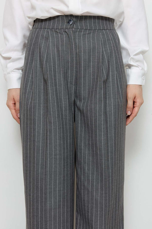 Çizgili Pamuk Palazzo Gri Pantolon - Fatma Atasoy