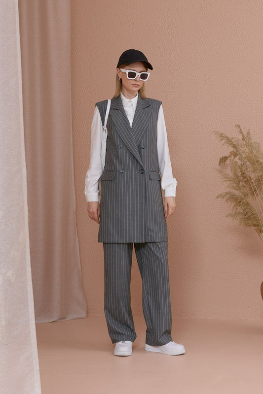 Çizgili Pamuk Palazzo Gri Pantolon - Fatma Atasoy