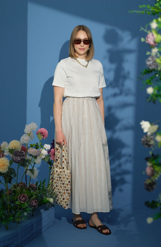 Çizgili Pileli Kahverengi Etek - Fatma Atasoy