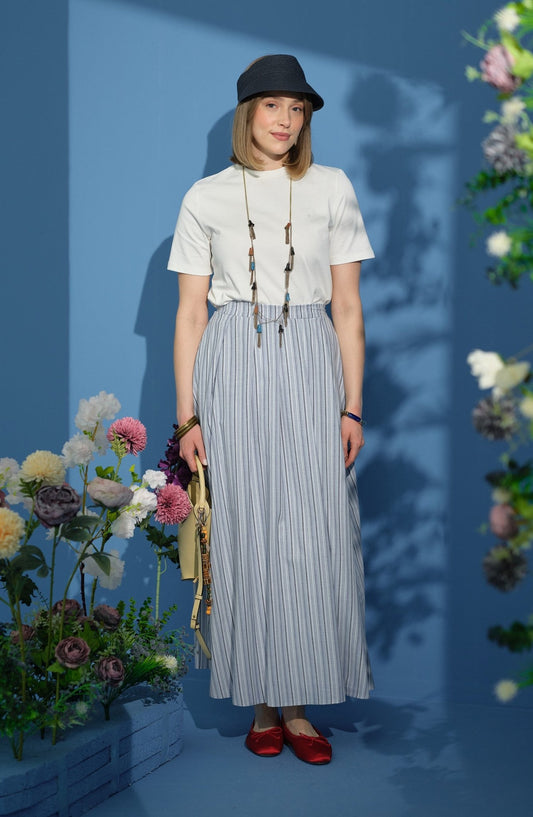 Çizgili Pileli Lacivert Etek - Fatma Atasoy