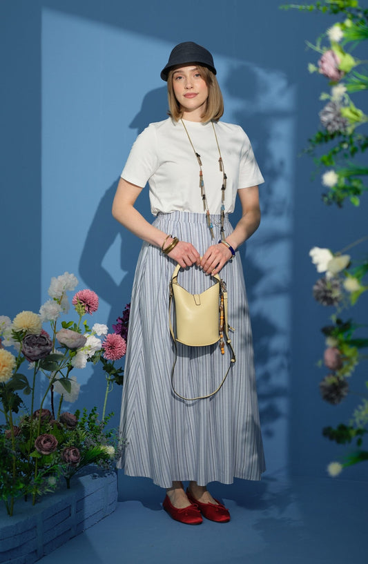 Çizgili Pileli Lacivert Etek - Fatma Atasoy