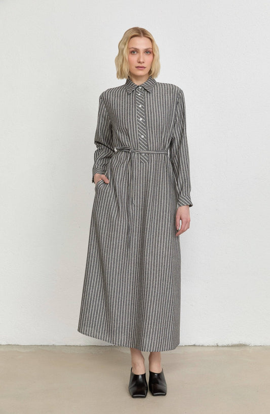 Çizgili Siyah Keten Gömlek Elbise - Fatma Atasoy
