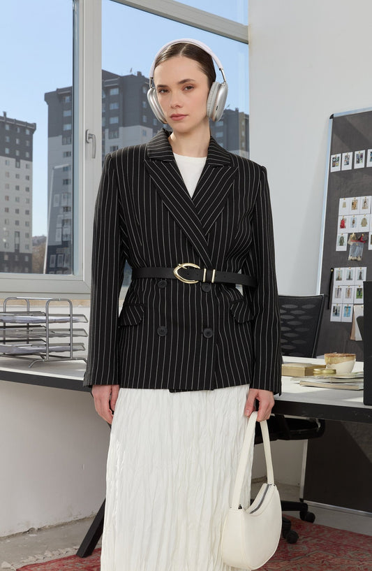 Çizgili Siyah Midi Dad Ceket - Fatma Atasoy